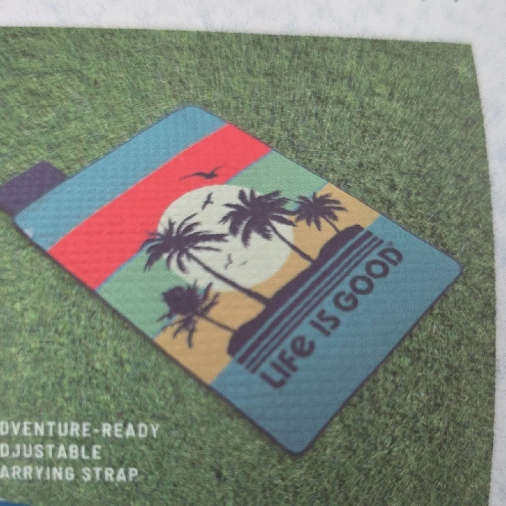 Life Is Good Blue Outdoor Blanket With Palm Trees And‎ Stripes, NWT, 50